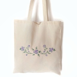 Κεντημένη Τσάντα πολλαπλών χρήσεων - Purple flowers - - ύφασμα, ώμου, λουλουδάτο, tote, πάνινες τσάντες