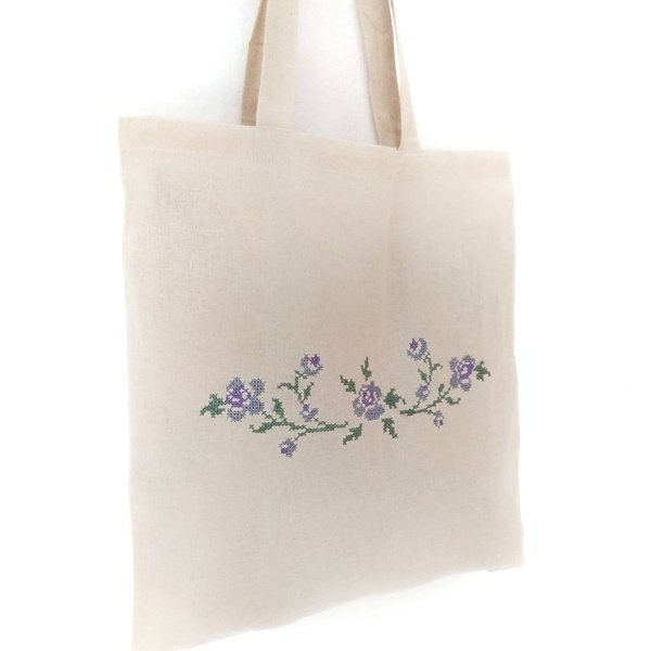 Κεντημένη Τσάντα πολλαπλών χρήσεων - Purple flowers - - ύφασμα, ώμου, λουλουδάτο, tote, πάνινες τσάντες - 2