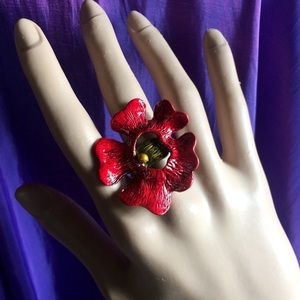 Κατακόκκινο δαχτυλίδι από αρζαντό "Red Flower" - αλπακάς, boho, μεγάλα, αυξομειούμενα, φθηνά - 2