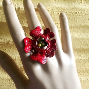Κατακόκκινο δαχτυλίδι από αρζαντό "Red Flower" - αλπακάς, boho, μεγάλα, αυξομειούμενα, φθηνά - 3