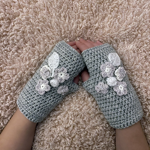 πλεκτά γάντια χωρίς δάχτυλα με λουλούδια - μαλλί - 2