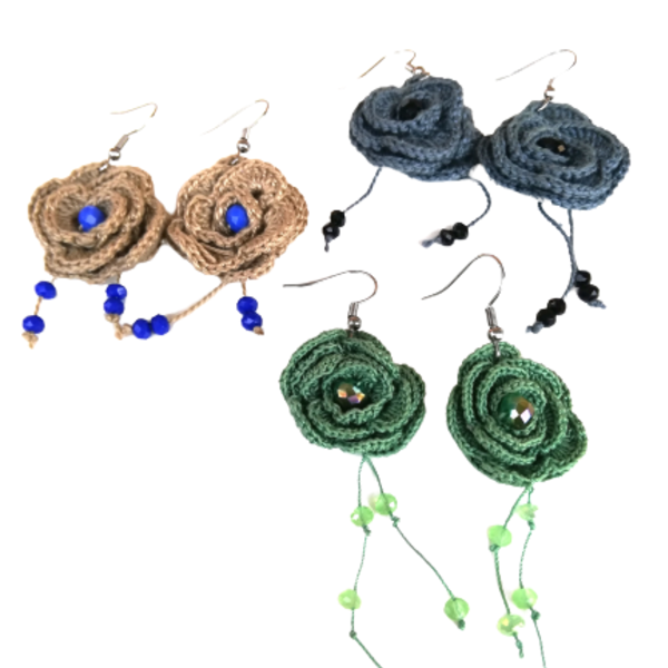 Πλεκτά σκουλαρίκια τριαντάφυλλα - πράσινο - λουλούδι, ατσάλι, κρεμαστά, faux bijoux, πλεκτά - 4
