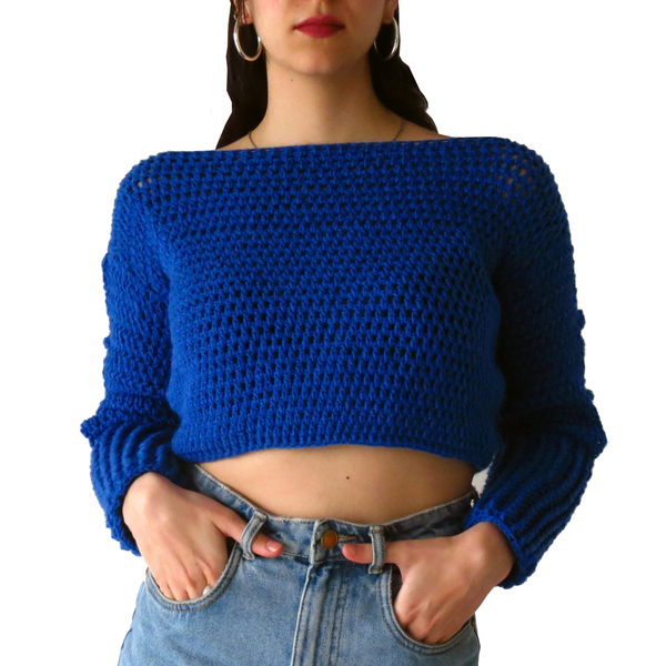 Πλεκτό χειροποίητο κοντό μπλε πουλόβερ - crop top, ακρυλικό