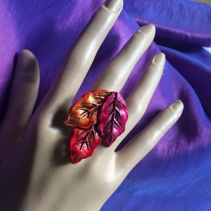 Χρωματισμένο δαχτυλίδι "3 φύλλα" - αλπακάς, boho, μεγάλα, αυξομειούμενα, φθηνά - 2