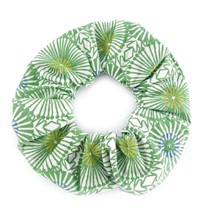 Scrunchie Green Doodle - ύφασμα, βαμβάκι, λαστιχάκια μαλλιών