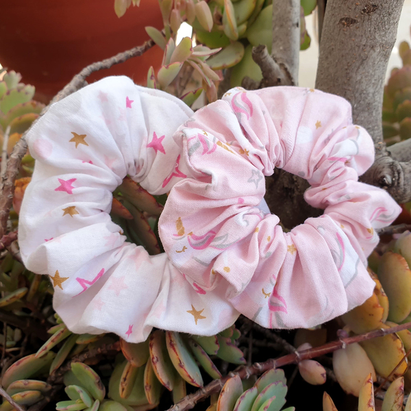 Σετ 2 λαστιχάκια scrunchies μονόκερος και αστέρια - αστέρι, χειροποίητα, μονόκερος, λαστιχάκια μαλλιών - 2