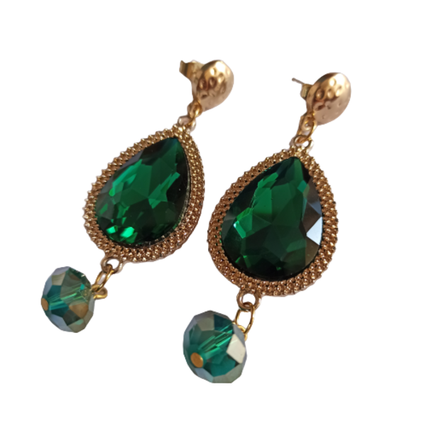 σκουλαρίκια 'emerald drops' με σμαραγδί κρύσταλλα - επιχρυσωμένα, πέτρες, μακριά, κρεμαστά, faux bijoux