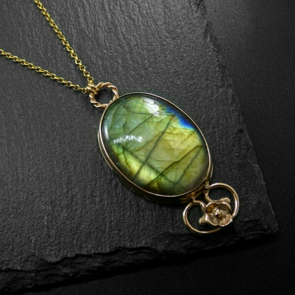 " Romantic Labradorite " - Xειροποίητο επίχρυσο μενταγιόν 18Κ με Λαβραδορίτη! - μακριά, επιχρυσωμένα, ημιπολύτιμες πέτρες, χειροποίητα - 2