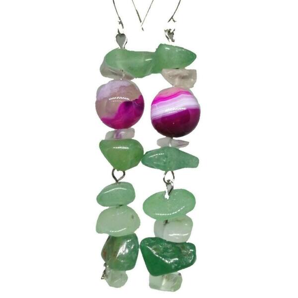 Σκουλαρίκι moonlight jewls *limited edition V Day* με πράσινο ημιπολύτιμο λίθο και ροζ γυάλινη χάντρα - ημιπολύτιμες πέτρες, γυαλί, boho, κρεμαστά