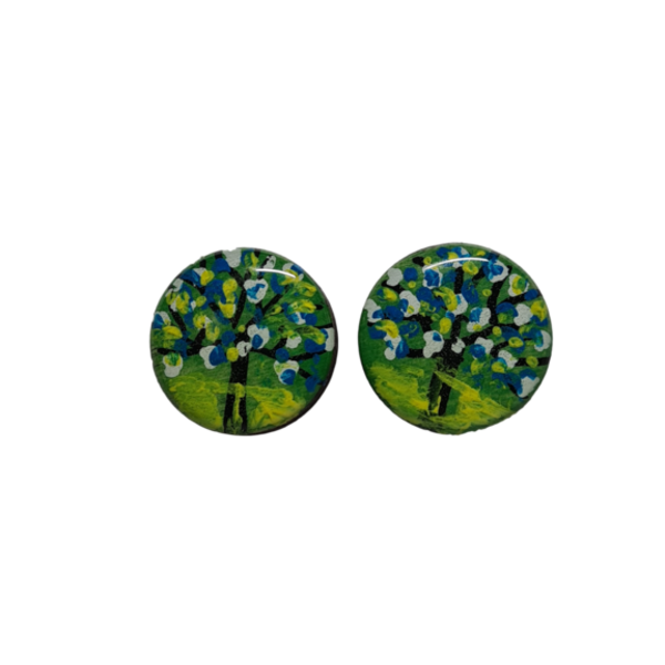 Σκουλαρίκια ζωγραφισμένα σε ξύλο (δέντρο σε πράσινο φόντο) - ξύλο, must αξεσουάρ, καρφωτά, ατσάλι