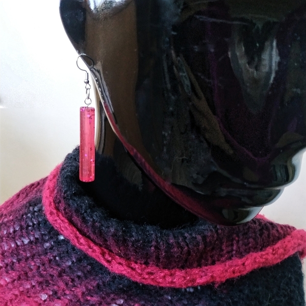 Σκουλαρίκια χειροποίητα "Pink Tube" - γυαλί, μακριά, ατσάλι, κρεμαστά, μεγάλα - 2