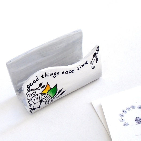 Επιτραπέζια πήλινη καρτοθήκη, ζωγραφισμένη στο χέρι με θετικό μήνυμα. - ζωγραφισμένα στο χέρι, πηλός, αξεσουάρ γραφείου - 2
