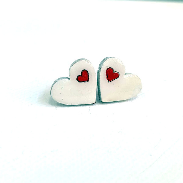 Stud earrings “Mini καρδούλες”. - ξύλο, καρδιά, καρφωτά, κοσμήματα - 3