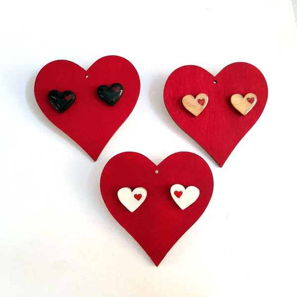 Stud earrings “Mini καρδούλες”. - ξύλο, καρδιά, καρφωτά, κοσμήματα - 5