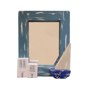 Καθρέπτης τοίχου ξύλινος χειροποίητος Νησιώτικα σπίτια με καράβι 16x20x4 Πετρόλ Καπαδάκης - ζωγραφισμένα στο χέρι, διακόσμηση, χειροποίητα, ξύλινα διακοσμητικά τοίχου