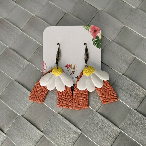 Daisy Earrings, Flower Earrings, Polymer Clay Earrings - πηλός, λουλούδι, ατσάλι, κρεμαστά - 3