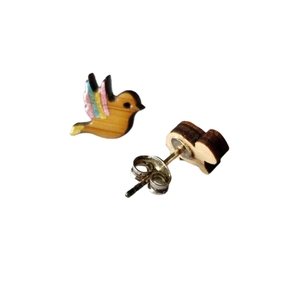 "Πουλάκι και Χελώνα!" - Καρφωτά σκουλαρίκια από ξύλο 1,3 εκ. ζωγραφισμένα στο χέρι, βάση ατσάλι - δώρο, πρωτότυπο, καθημερινό, καρφωτά, μικρά - 2