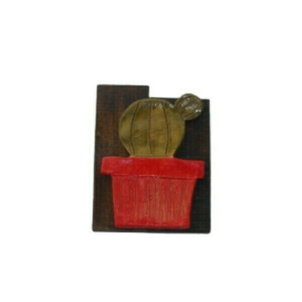 Επιτοίχιο ξύλινο διακοσμητικό με κεραμικό κακτάκι - πίνακες & κάδρα, διακόσμηση, κάκτος