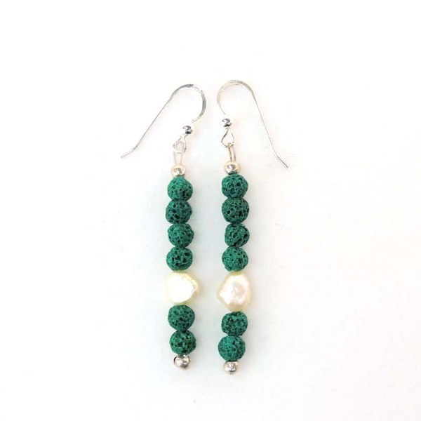 Σκουλαρίκια με πράσινη Λάβα και μαργαριτάρι - αγάπη, πέτρες, κρεμαστά, δώρα για γυναίκες