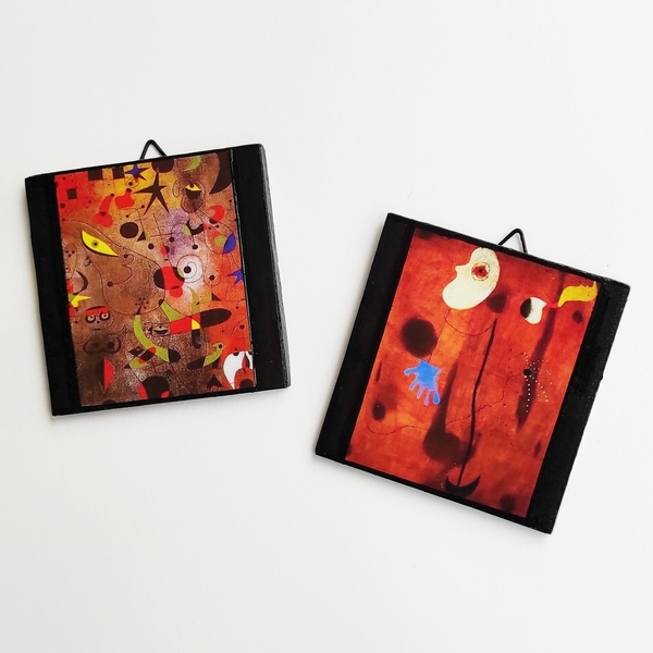 Κεραμικά πλακάκια Joan Miro, decoupage, 7,5x7,5, κόκκινες αποχρώσεις - χειροποίητα, διακοσμητικά, πρωτότυπα δώρα