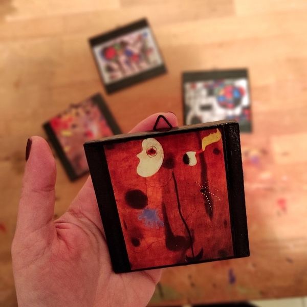 Κεραμικά πλακάκια Joan Miro, decoupage, 7,5x7,5, κόκκινες αποχρώσεις - χειροποίητα, διακοσμητικά, πρωτότυπα δώρα - 3