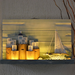 Φωτιστικό τοίχου ξύλινο χειροποίητο ζωγραφισμένο στο χέρι Νησιώτικα σπίτια με ιστιοπλοϊκό 45x28x9 πολύχρωμο Καπαδάκης - ζωγραφισμένα στο χέρι, τοίχου, χειροποίητα, ξύλινα διακοσμητικά τοίχου - 2