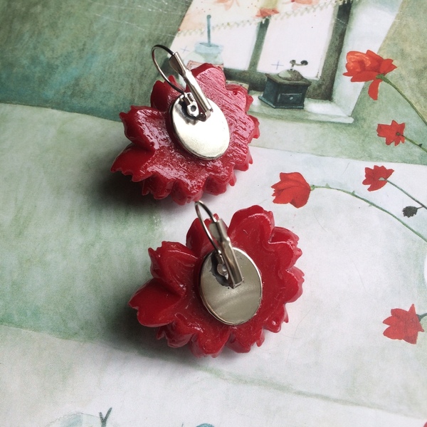 Σκουλαρίκια "Κόκκινη Ντάλια" από ρητίνη - λουλούδι, κρεμαστά, μεγάλα, faux bijoux, φθηνά - 5