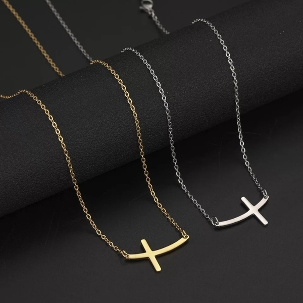 Κολιέ από ατσάλι- curved cross - charms, επιχρυσωμένα, επάργυρα, σταυρός, ατσάλι