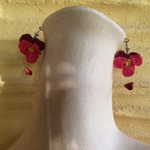 Πλεκτά σκουλαρίκια "Πανσέδες" σε κοραλλί και ροζ - λουλούδι, κρεμαστά, μεγάλα, πλεκτά, φθηνά - 2