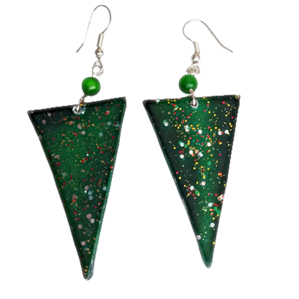 σκουλαρίκια τρίγωνα πράσινα κυπαρισσί με χρυσόσκονη, παπιέ μασέ γεωμετρικά - επάργυρα, κρεμαστά, μεγάλα, faux bijoux, φθηνά
