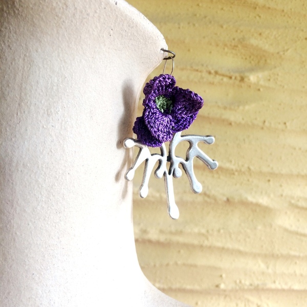 Μεγάλα σκουλαρίκια "Knit-Metal" ακτινωτά με λουλούδια - αλπακάς, λουλούδι, κρεμαστά, μεγάλα, πλεκτά - 4