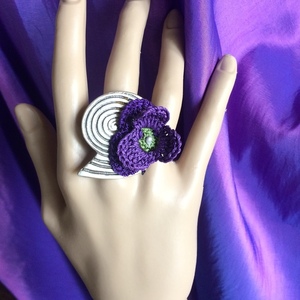 Μεγάλο δαχτυλίδι "Knit Metal" σπείρα με λουλούδι - αλπακάς, βελονάκι, λουλούδι, boho, μεγάλα, αυξομειούμενα, φθηνά - 2