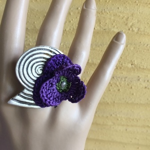 Μεγάλο δαχτυλίδι "Knit Metal" σπείρα με λουλούδι - αλπακάς, βελονάκι, λουλούδι, boho, μεγάλα, αυξομειούμενα, φθηνά - 4
