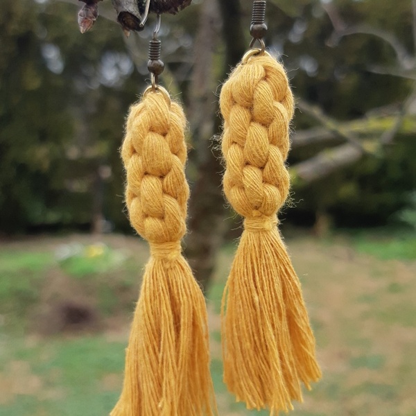 Crown knot earrings - mustard - μακραμέ, κρεμαστά - 2