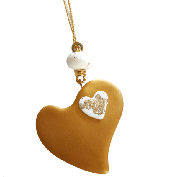 "Golden Heart" Χειροποίητο κολιέ από πηλό - καρδιά, πηλός, χειροποίητα, μακριά, δώρα αγίου βαλεντίνου
