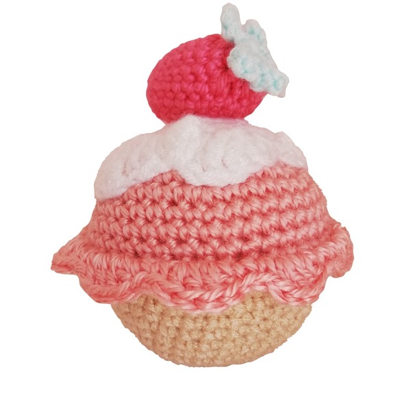 Πλεκτό διακοσμητικό cupcake με φράουλα - crochet, λούτρινο, διακοσμητικά