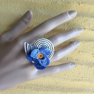 Μεγάλο δαχτυλίδι "Knit Metal" σπείρα με γαλάζιο πανσέ - αλπακάς, επάργυρα, μεγάλα, αυξομειούμενα, φθηνά - 2