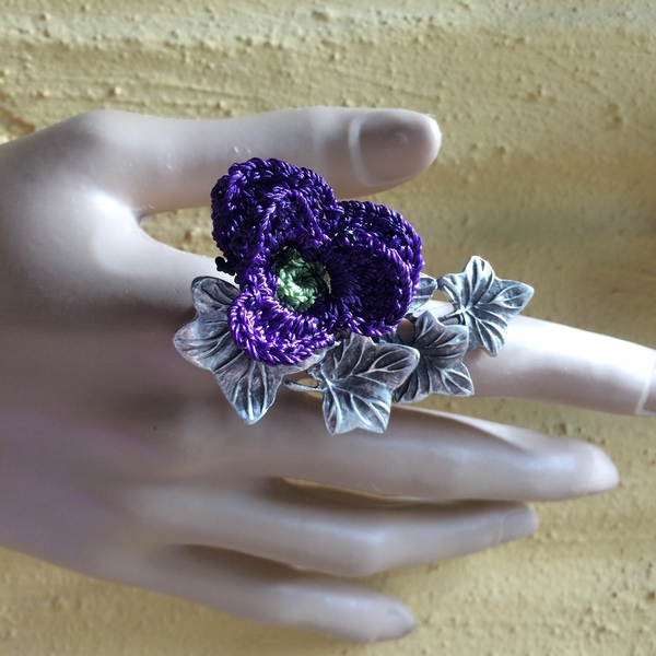 Μεγάλο δαχτυλίδι "Knit Metal" κισσός με λουλούδι - αλπακάς, βελονάκι, λουλούδι, boho, μεγάλα, αυξομειούμενα, φθηνά - 2