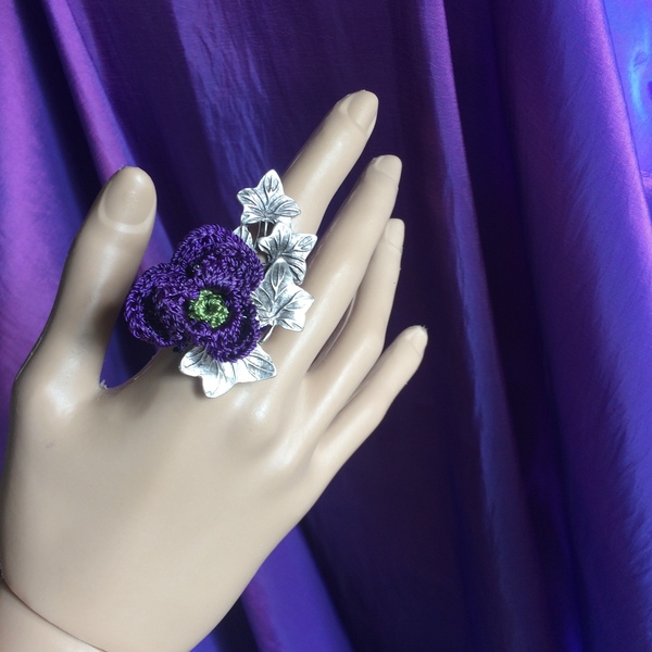 Μεγάλο δαχτυλίδι "Knit Metal" κισσός με λουλούδι - αλπακάς, βελονάκι, λουλούδι, boho, μεγάλα, αυξομειούμενα, φθηνά - 3