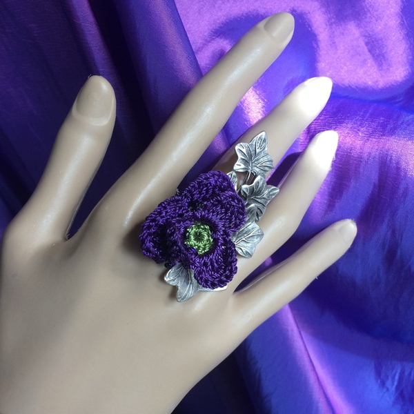 Μεγάλο δαχτυλίδι "Knit Metal" κισσός με λουλούδι - αλπακάς, βελονάκι, λουλούδι, boho, μεγάλα, αυξομειούμενα, φθηνά - 4