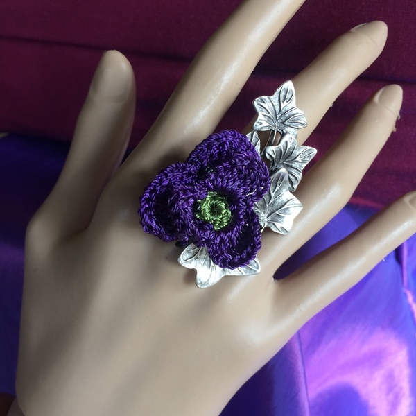 Μεγάλο δαχτυλίδι "Knit Metal" κισσός με λουλούδι - αλπακάς, βελονάκι, λουλούδι, boho, μεγάλα, αυξομειούμενα, φθηνά - 5