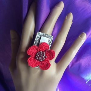 Ορθογώνιο δαχτυλίδι με κοραλλί πλεκτό λουλούδι - αλπακάς, βελονάκι, λουλούδι, boho, μεγάλα, αυξομειούμενα, φθηνά - 2