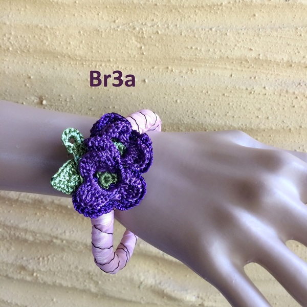 Βραχιόλι από ύφασμα με πλεκτά λουλούδια Br3 - λουλούδι, boho, σταθερά, χεριού - 3