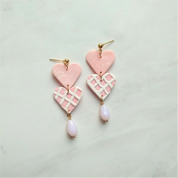 Ella/ Ιδιαίτερα μακριά σκουλαρίκια με καρδιές σε απαλό ροζ - καρδιά, πηλός, κρεμαστά, μεγάλα - 2