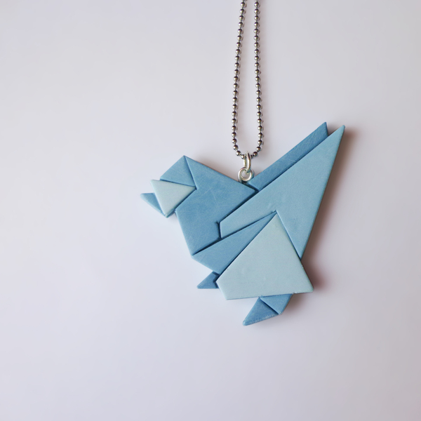 Μενταγιόν - πουλί οριγκάμι - πηλός, γεωμετρικά σχέδια, minimal, πουλάκι