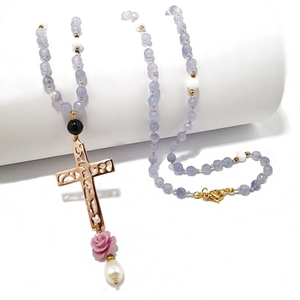 Romantic Rock rosary, μακρύ ροζάριο με σταυρό - ημιπολύτιμες πέτρες, μαργαριτάρι, σταυρός, μακριά, ροζάριο - 2