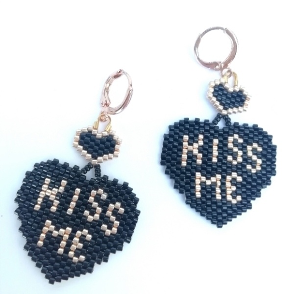 Σκουλαρικια "Kiss me" από χάντρες Miyuki Delica - γυαλί, καρδιά, μικρά, κρεμαστά, faux bijoux - 3