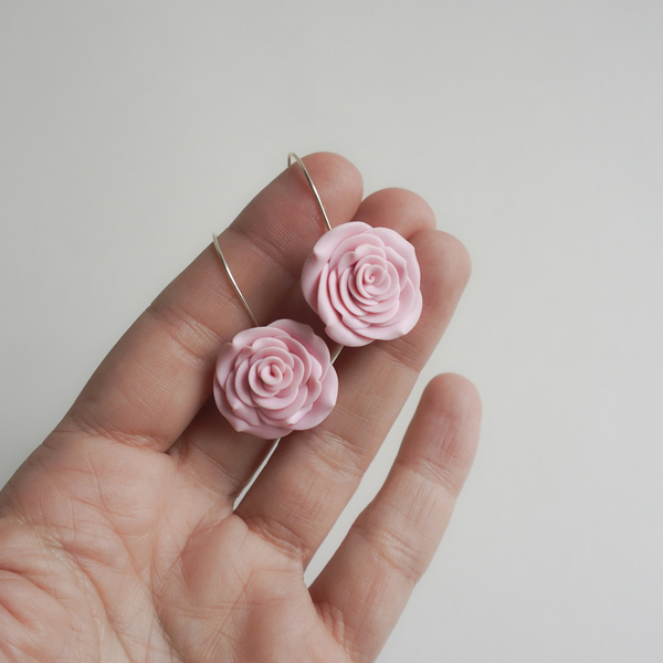 Σκουλαρίκια τριαντάφυλλα από πολυμερή πηλό - τριαντάφυλλο, πηλός, romantic, λουλούδι, καρφωτά - 3