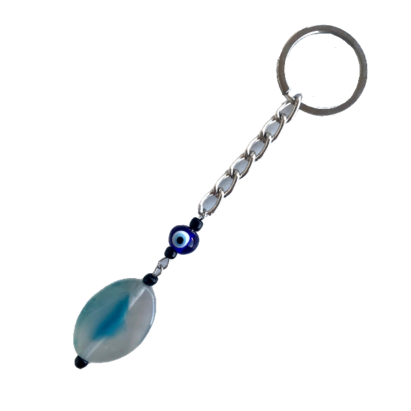 Μπρελόκ κλειδιών με Αχάτη Γαλάζιο Λευκό και Ματάκι ημιπολύτιμο λίθο 30χιλ - ημιπολύτιμες πέτρες, αχάτης, μάτι, αυτοκινήτου, σπιτιού
