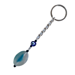 Μπρελόκ κλειδιών με Αχάτη Γαλάζιο Λευκό και Ματάκι ημιπολύτιμο λίθο 30χιλ - ημιπολύτιμες πέτρες, αχάτης, μάτι, αυτοκινήτου, σπιτιού